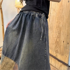 Chân váy bò chắp vá vải nilen thô hoa váy denim phong cách mới retro niche side-up ren