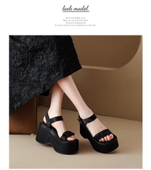 Sandal đế dày, hở mũi da thật, đế bằng đa năng dành cho nữ