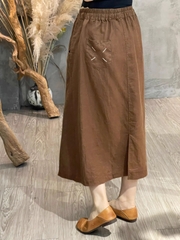 Chân Váy chữ A vải lanh co giãn đa năng retro thiết kế topstitch