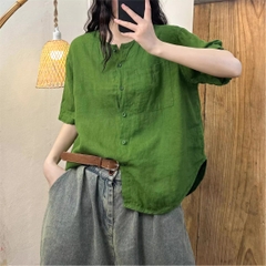 Áo crop top bằng vải lanh viền cong, phong cách retro giản dị, đơn giản của mùa hè năm 2024