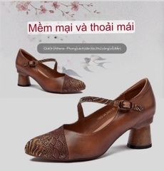 Giày nữ da bò thật, thêu ở mũi giày, gót dày mũi nhọn, phong cách cổ điển