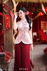 Áo Nguyệt Yên cổ yếm phối nơ gấm đỏ