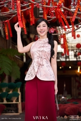 Áo Nguyệt Yên cổ yếm phối nơ gấm đỏ