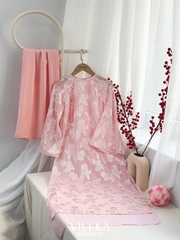 Set áo dài Uyển Sa tơ dệt 4 tà layer hồng + quần nhũ hồng
