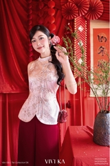 Áo Nguyệt Yên cổ yếm phối nơ gấm đỏ