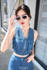 Set áo denim túi hộp zipper + chân váy dài