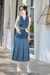 Set áo denim túi hộp zipper + chân váy dài