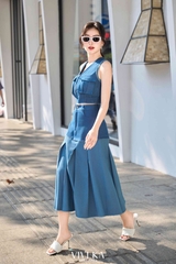 Set áo denim túi hộp zipper + chân váy dài