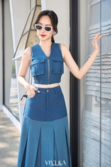 Set áo denim túi hộp zipper + chân váy dài