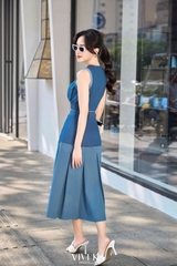 Set áo denim túi hộp zipper + chân váy dài