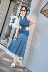 Set áo denim túi hộp zipper + chân váy dài