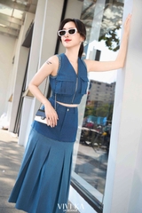 Set áo denim túi hộp zipper + chân váy dài