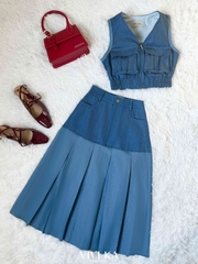 Set áo denim túi hộp zipper + chân váy dài