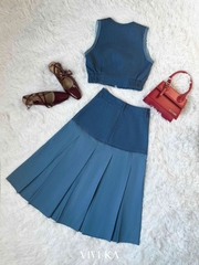 Set áo denim túi hộp zipper + chân váy dài