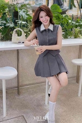 Set áo ghile sọc cổ trắng + chân váy