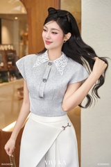 Áo Velvet cổ ren phối khuy đá