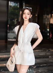Set áo tơ phối bèo + quần short taffta