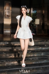 Set áo tơ phối bèo + quần short taffta