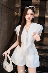 Set áo tơ phối bèo + quần short taffta