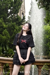Áo thun cổ bèo ren nơ đỏ