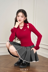 Áo Susan thun gân dài tay phối hoa