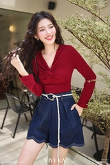 Áo Juliet thun gân tay dài phối hoa xoắn