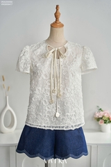 Áo Rosalie ren hoa tay phồng phối nơ