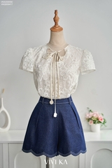 Áo Rosalie ren hoa tay phồng phối nơ