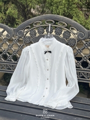 Áo Colette trắng cổ ren tay dài phối nơ