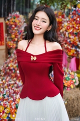 Áo Rose tay dài kiểu trễ vai đính charm