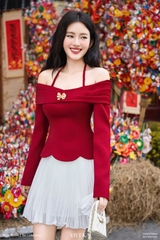 Áo Rose tay dài kiểu trễ vai đính charm