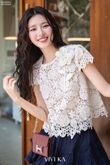 Áo Monica phối ren hoa hồng