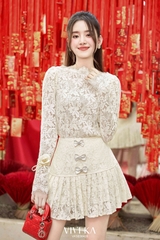 Set áo ren tay dài + chân váy kết nơ