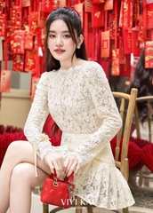 Set áo ren tay dài + chân váy kết nơ