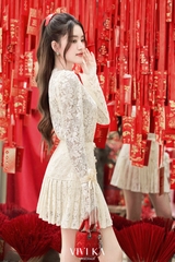 Set áo ren tay dài + chân váy kết nơ