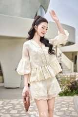 Set áo Angel babydoll cổ V+quần short tơ thêu