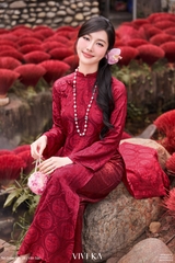 Set áo dài Vân Son lụa tằm hoa thuỷ tiên + quần nhũ đỏ