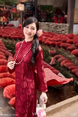 Set áo dài Vân Son lụa tằm hoa thuỷ tiên + quần nhũ đỏ