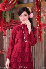 Set áo dài Vân Son lụa tằm hoa thuỷ tiên + quần nhũ đỏ