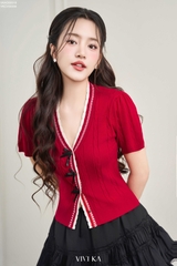 Áo dệt kim cổ V tay lửng