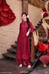 Set áo dài Vân Son lụa tằm hoa thuỷ tiên + quần nhũ đỏ