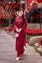 Set áo dài Vân Son lụa tằm hoa thuỷ tiên + quần nhũ đỏ