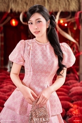 Set Hồng Cẩm thục áo gấm Tống + short gấm Tống hồng