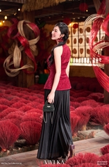 Áo Nguyệt Yên cổ yếm phối nơ gấm đỏ