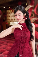 Áo Nguyệt Yên cổ yếm phối nơ gấm đỏ