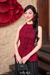 Áo Nguyệt Yên cổ yếm phối nơ gấm đỏ