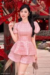 Set Hồng Cẩm thục áo gấm Tống + short gấm Tống hồng