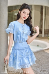 Set Navier áo tơ thêu họa tiết nơ+chân váy