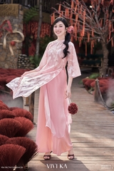 Set áo dài Uyển Sa tơ dệt 4 tà layer hồng + quần nhũ hồng
