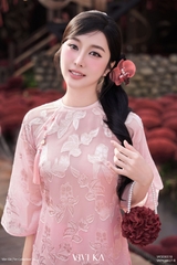 Set áo dài Uyển Sa tơ dệt 4 tà layer hồng + quần nhũ hồng